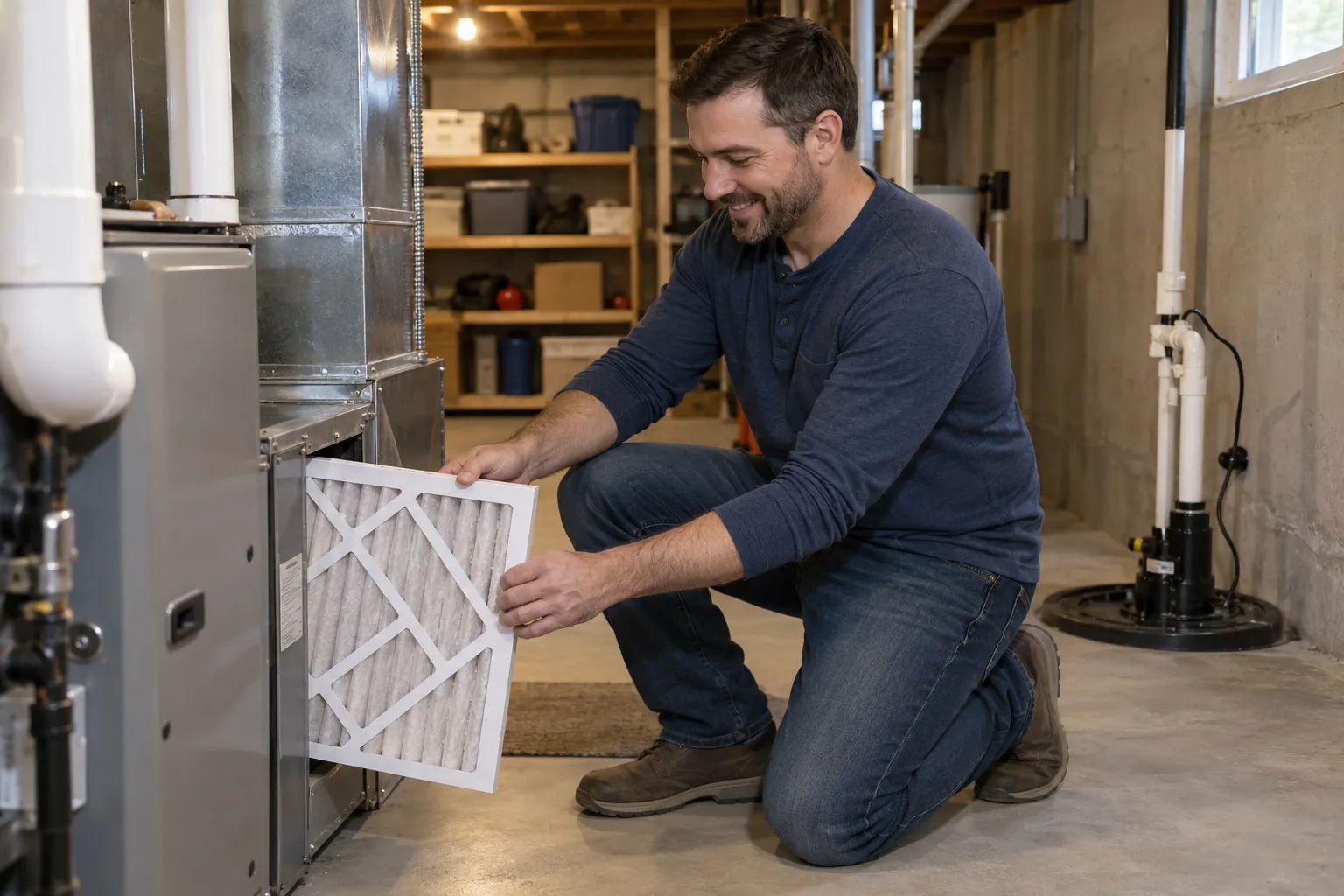 Homeowner changing an air filter at a basement furnace in the Minneapolis area