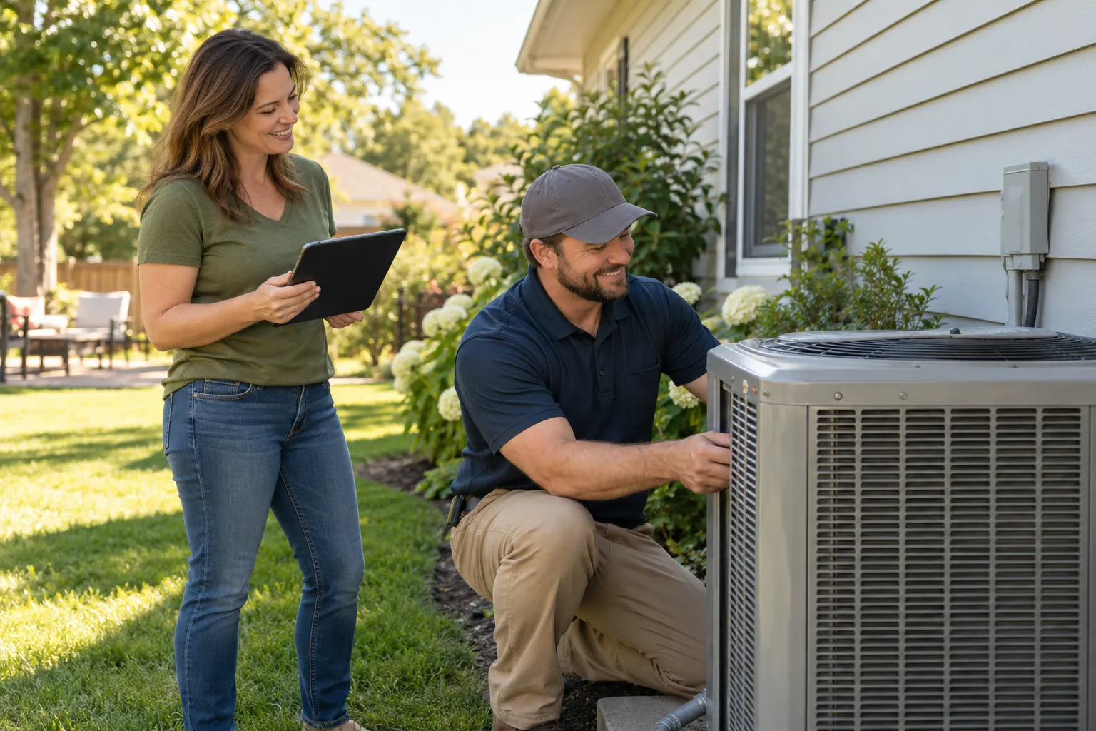 Homeowner checking the thermostat while an HVAC provider looks over an outdoor AC unit in Minneapolis